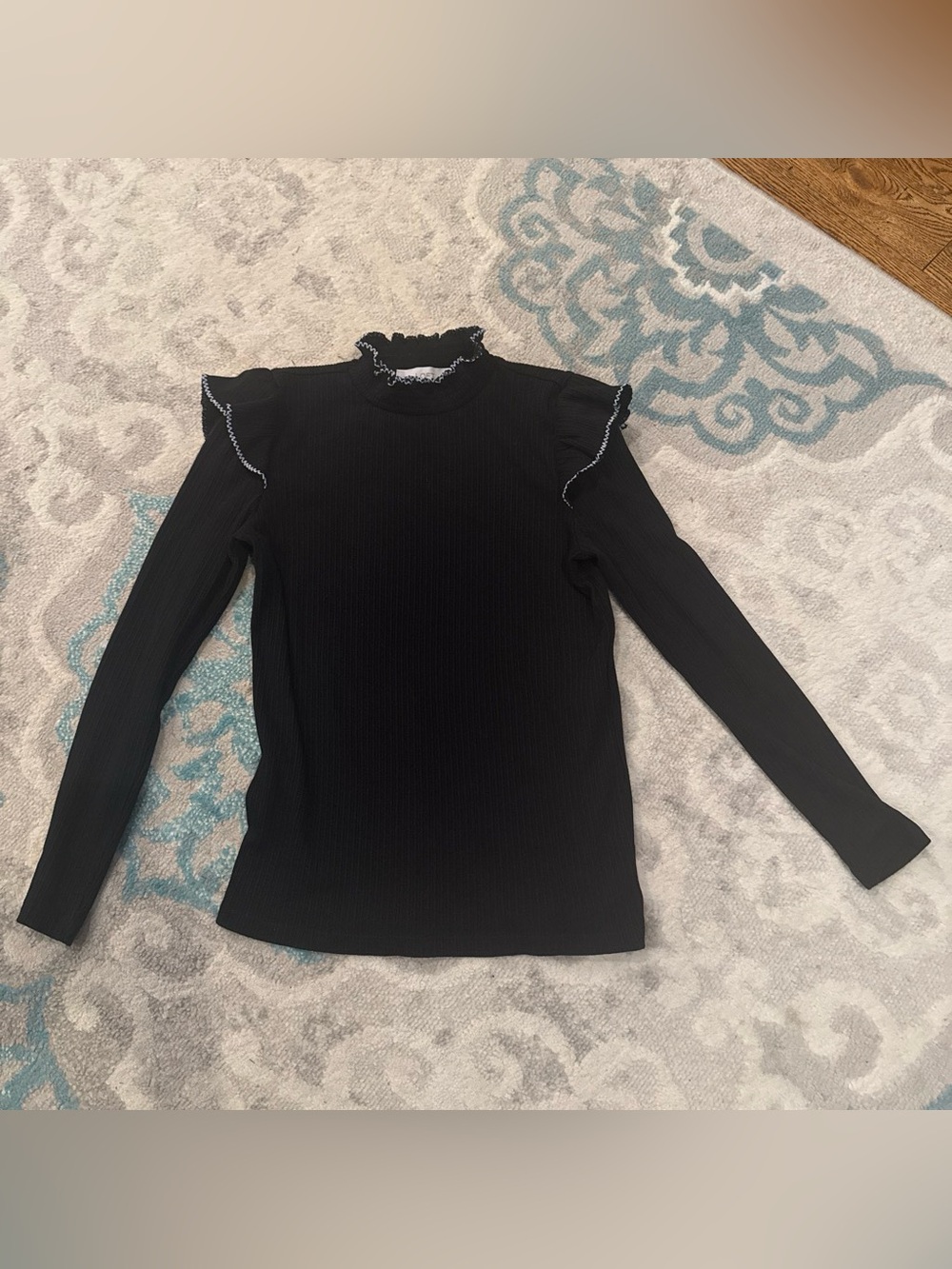 LOFT Black Ribbed Long-Sleeve Top with Ruffle Trim
